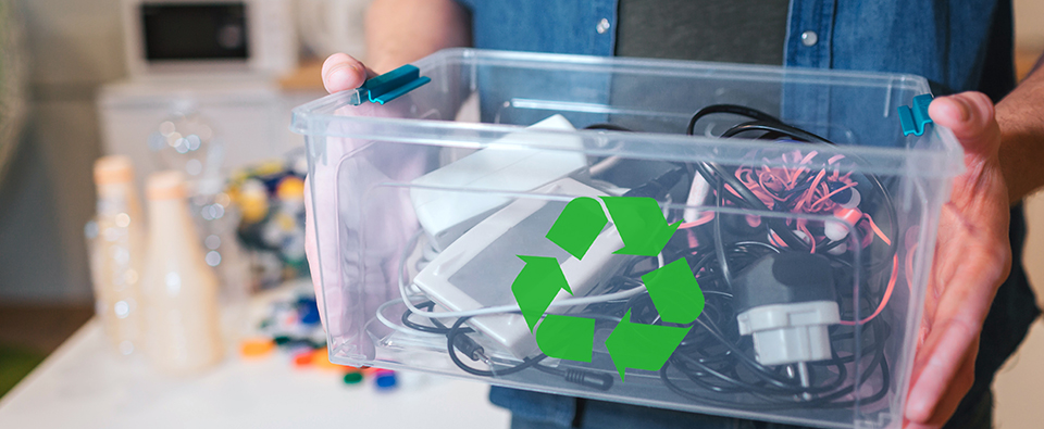 Comprometidos con el medio ambiente recycling concept. an electronic waste in recycling contaner close up. responsible man is protecting environment while sorting the waste at home